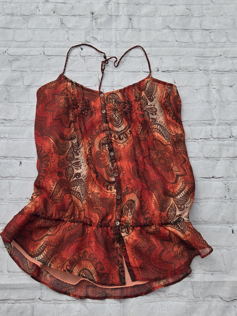 Lauren Conrad Orange Boho Paisley Fairy Grunge Beaded Chiffon Bubble Hem Tank